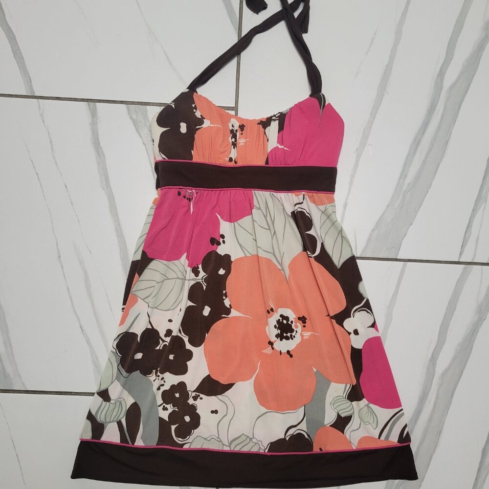 Floral European Summer Mini Dress y2k Size 5 Orange pink brown 70s pattern